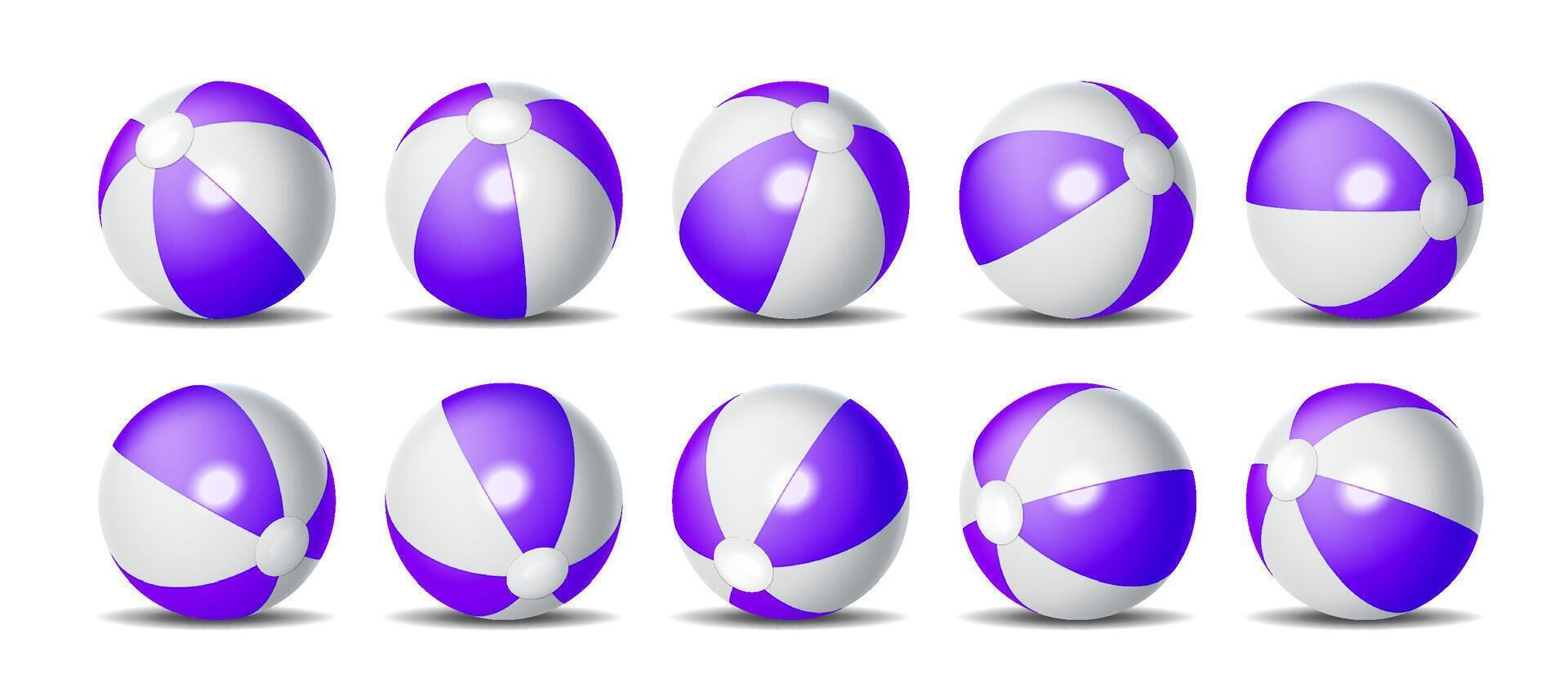 Illustration of ten purple and white beach balls. Vibrant colors, perfect for summer and beach themed designs. Each ball has alternating purple and white segments with realistic shading. vector