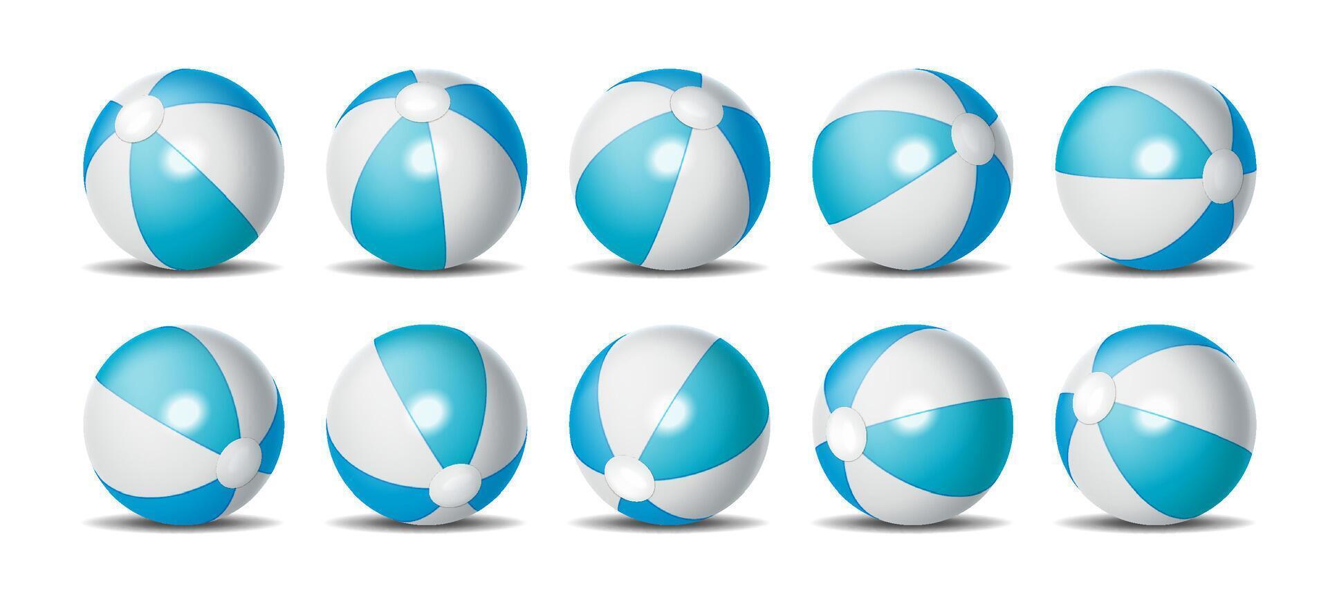 Set of ten blue and white beach balls arranged in various positions, ideal for summer themes and leisure activities, isolated on white background vector