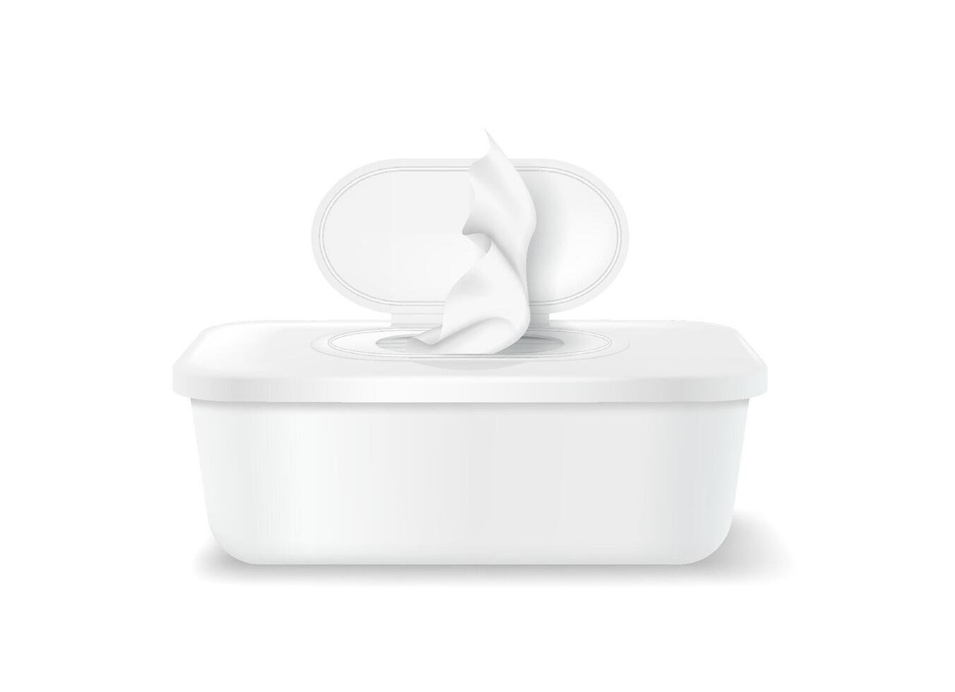 Realistic illustration of a white plastic container with an open lid showcasing soft tissues. Perfect for hygiene, healthcare, and cleanliness themes. vector