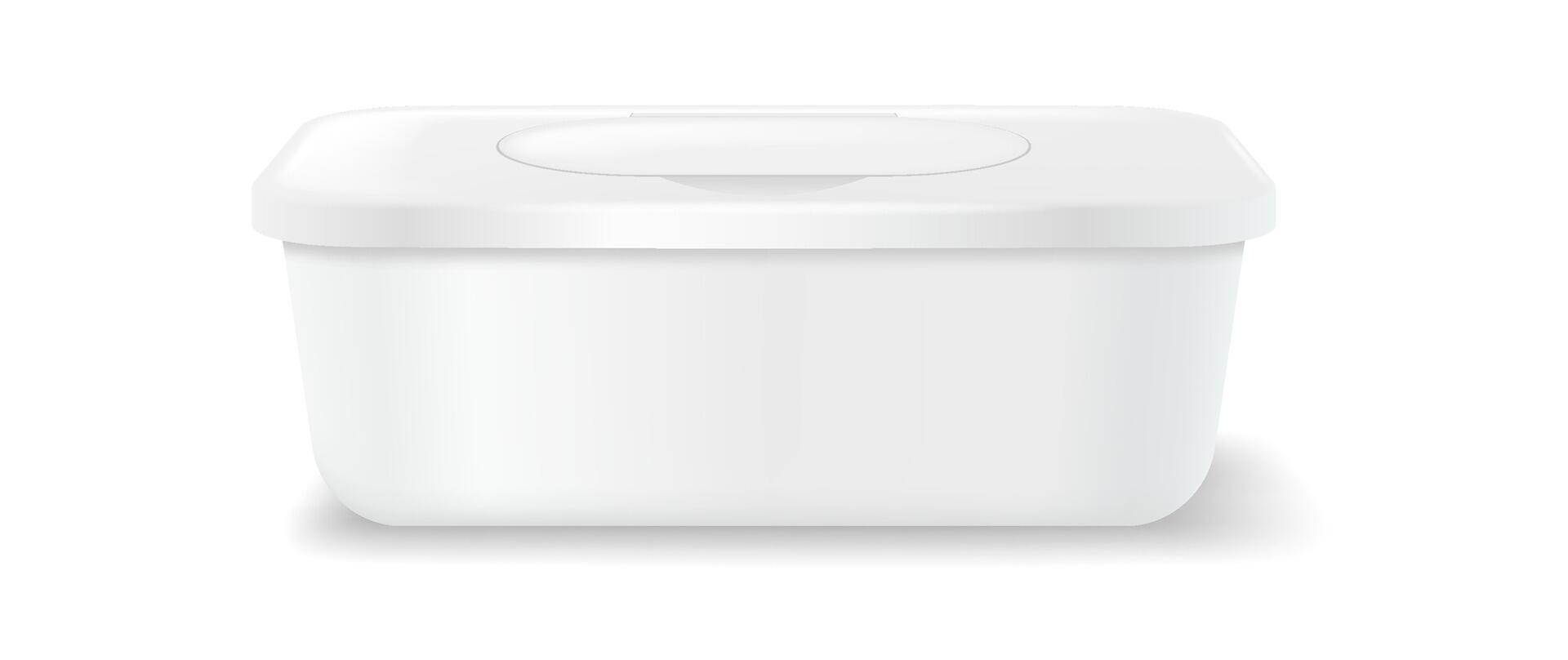 Realistic illustration of a white plastic container with a lid. Clean and minimalistic design, perfect for storing food. Isolated on a plain white background. vector