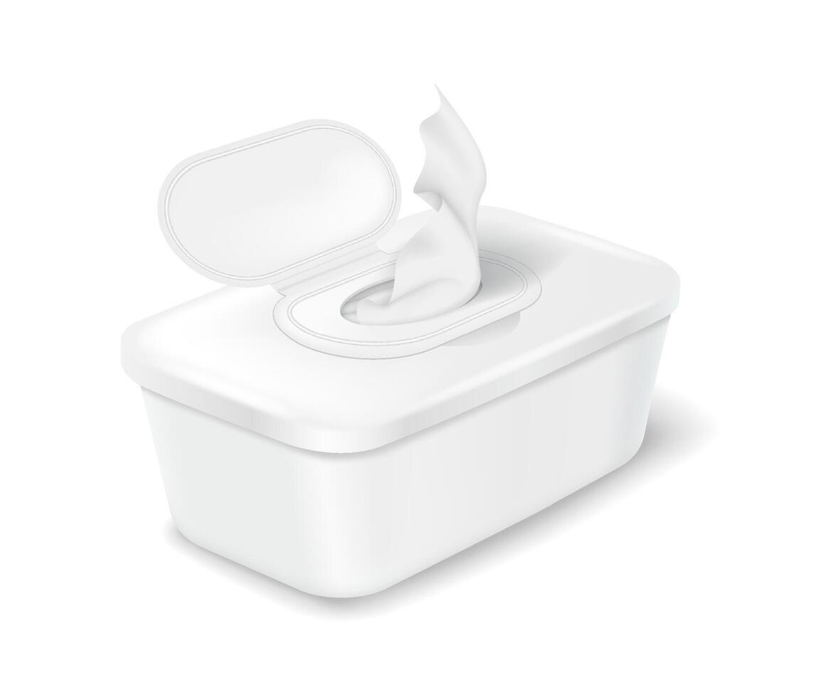 Plastic container with open lid and a tissue emerging. Realistic style in white color. Represents convenient hygiene product usage in household settings. vector