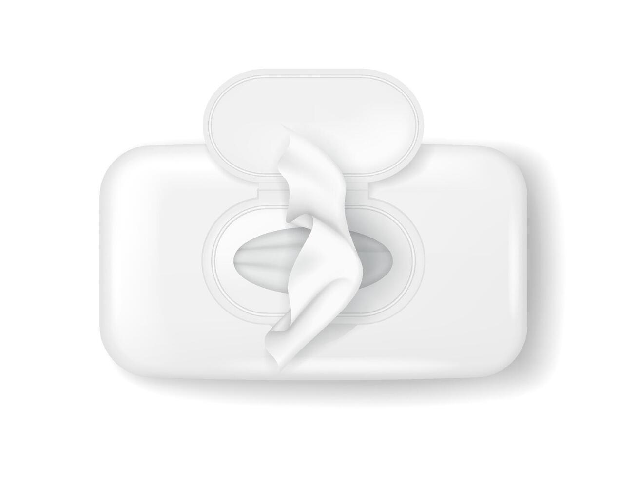 Open white wet wipes package in a realistic style. Seen from top perspective with soft shadows. Essential for personal hygiene and cleaning purposes. vector