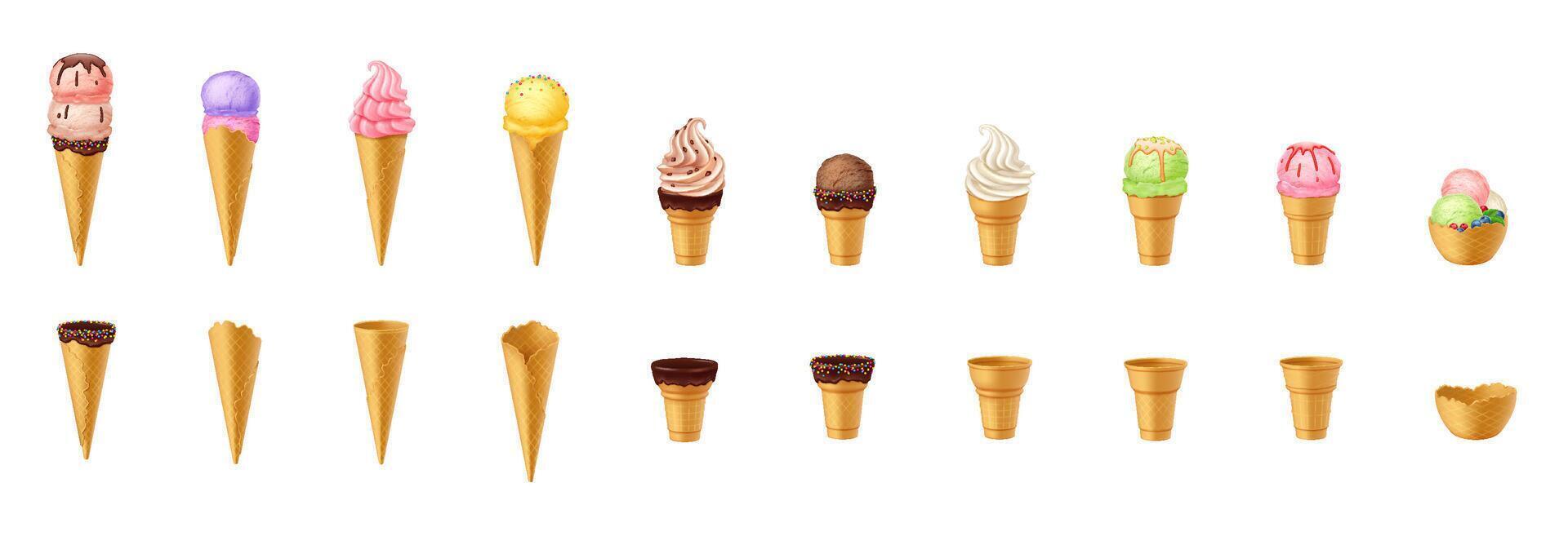 Assorted ice cream cones with toppings vector