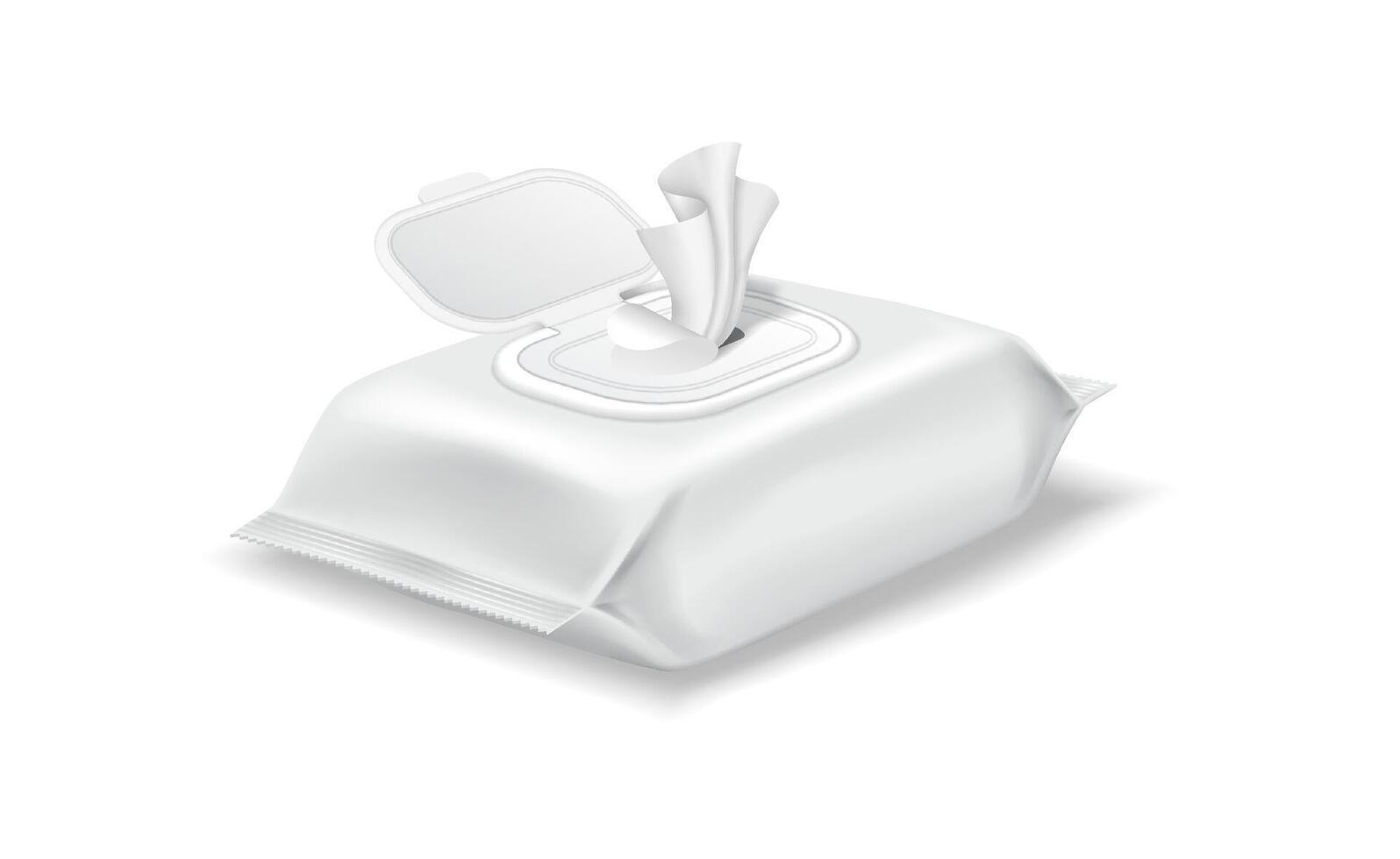 Illustration of a pack of wet wipes with an open lid in a realistic style. The design is predominantly white, emphasizing cleanliness and hygiene, ideal for healthcare products. vector