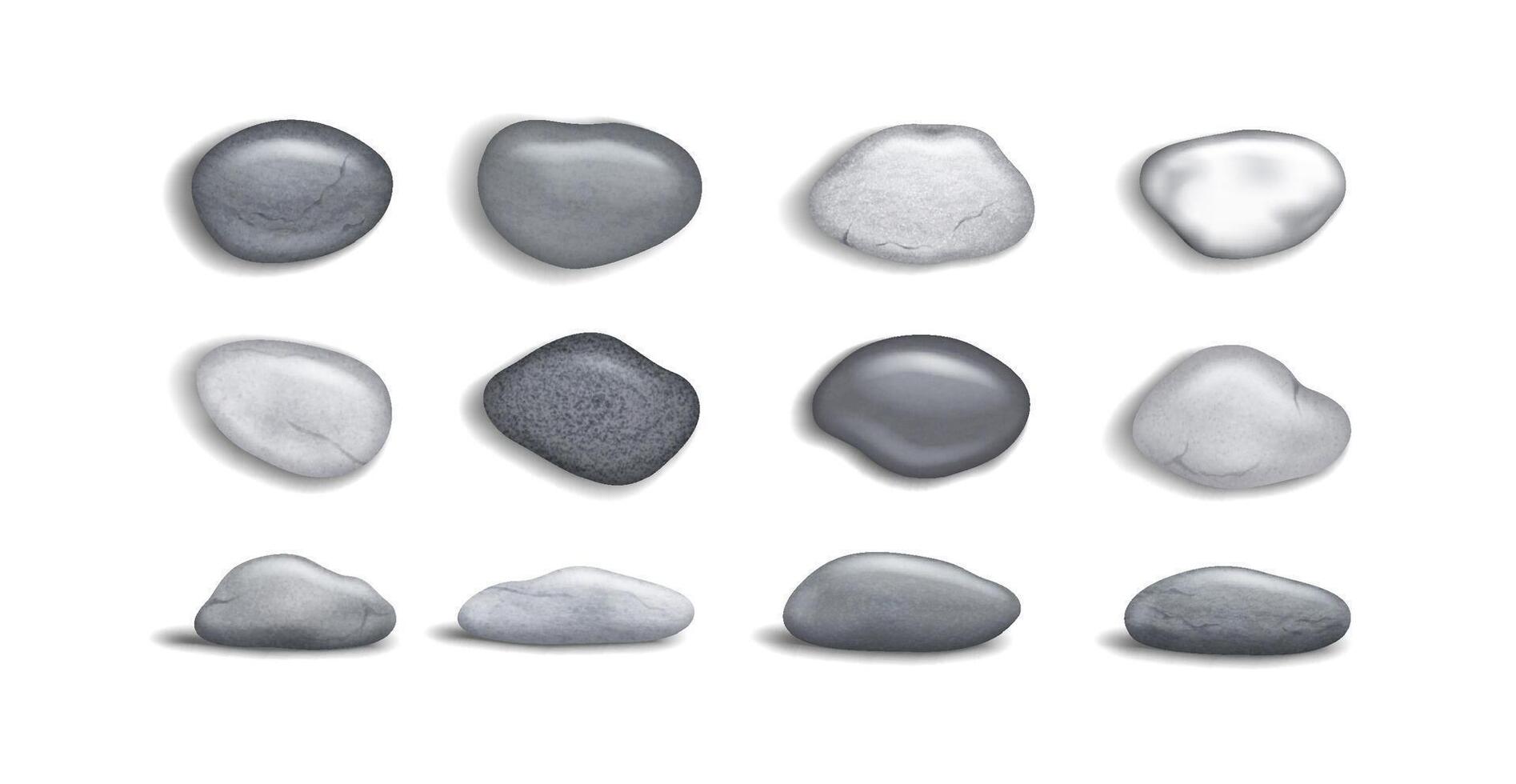 Collection of smooth gray stones in different shapes and sizes. Each stone is isolated on a white background. Ideal for design, background, and relaxation themes. vector