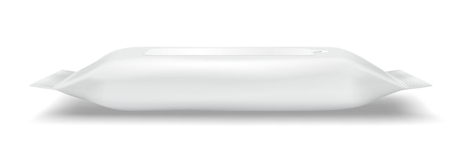Minimalistic design of a white packaging pouch. Smooth surface with a glossy finish. Ideal for snacks or wet wipes. Gives a clean and modern look. vector