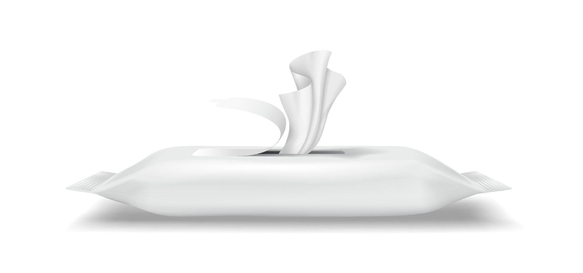 illustration of a white wet wipes package in realistic style. Soft and clean design, primarily in shades of white. Ideal for hygiene and personal care promotions. vector