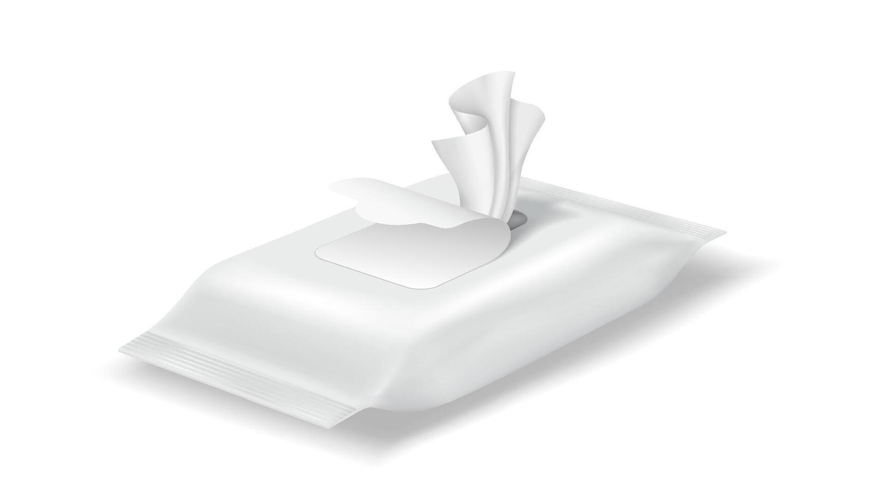 Realistic illustration of a pack of wet wipes. White packaging with a partially open lid. Ideal for hygienerelated designs. Minimalist style. vector