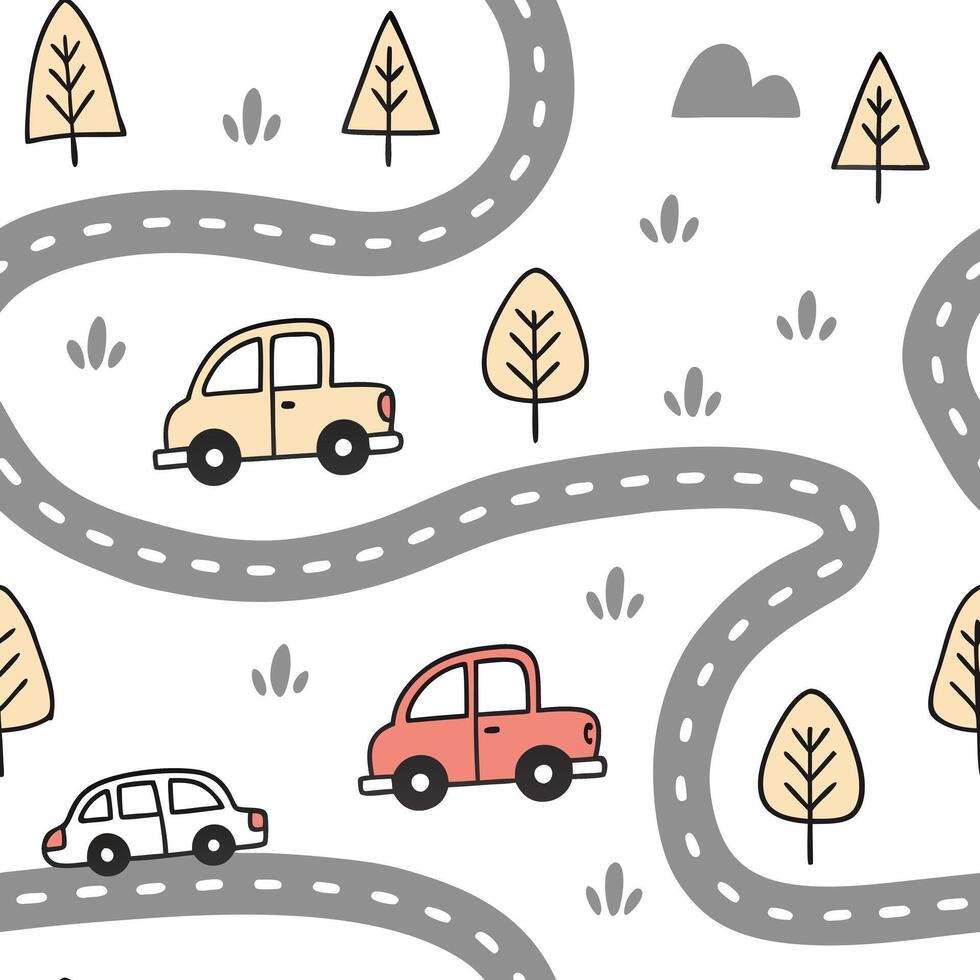 A seamless playful pattern featuring hand-drawn cars, trucks, and buses on winding roads with tiny trees, stop signs, and happy passengers in a child-friendly cartoon style vector