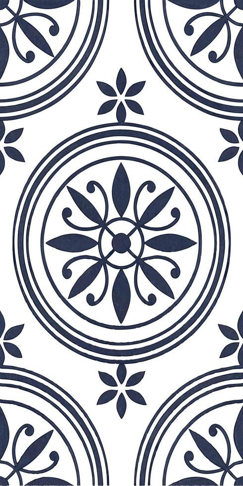 A seamless pattern, A blue and white tile with a circular floral pattern in the center, surrounded by concentric circles and smaller floral motifs in the corners vector