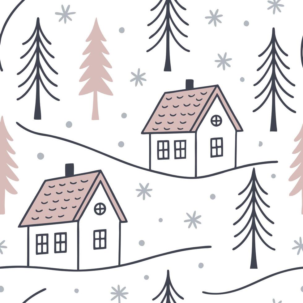 A seamless pattern of winter Scandinavian pattern with simple geometric houses, pine trees, and soft falling snowflakes in a muted monochrome and pastel palette vector