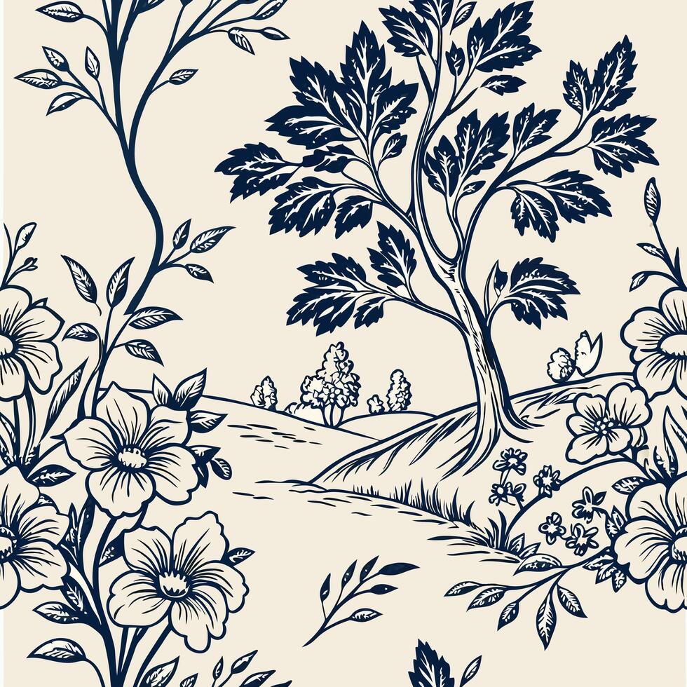 Seamless pattern with trees, flowers and leaves in blue ink on a cream background, vintage botanical illustration vector
