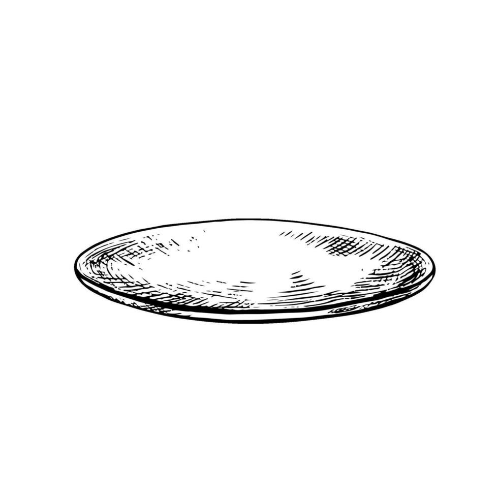 The saucer. graphics depicting an empty ceramic plate. A black-and-white hand-drawn illustration. An element of kitchen design, recipe, menu. For posters, labels and packages. vector
