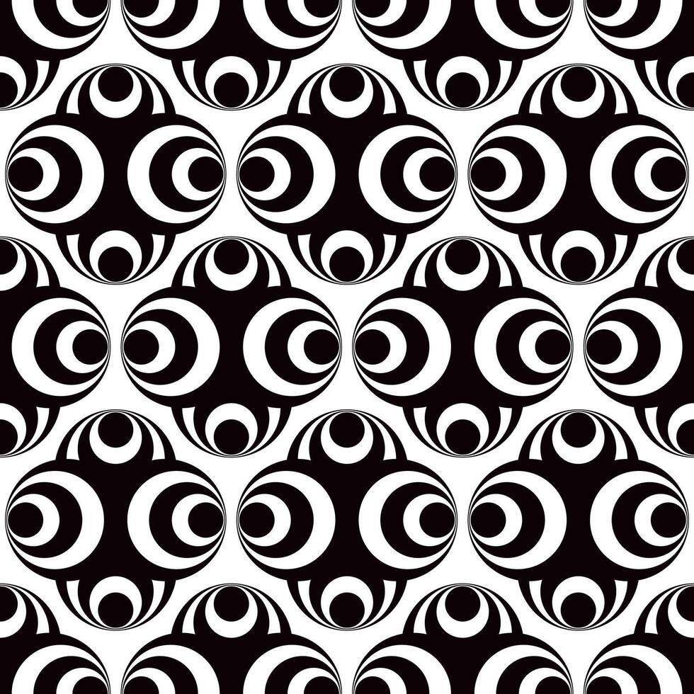 Abstract black and white fancy forms made of circles seamless pattern, hand drawn illustration repeat ornament vector
