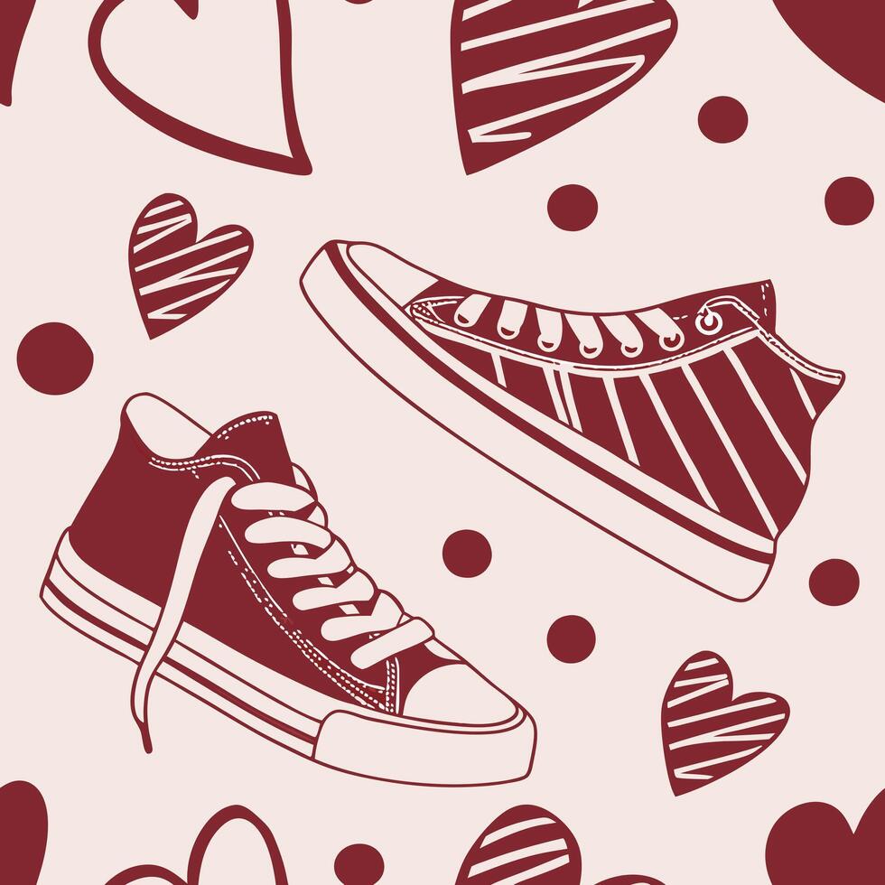 Seamless pattern, Two red sneakers with white laces and white soles, surrounded by red hearts and dots, on a light pink background vector