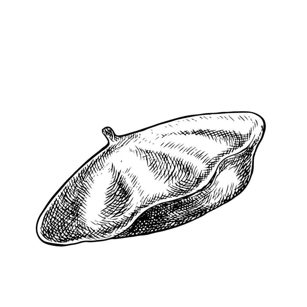 French beret. black-and-white hand-drawn illustration. Isolate on a white background. A fashionable accessory for the head. For postcards, banners, flyers, posters and more. vector