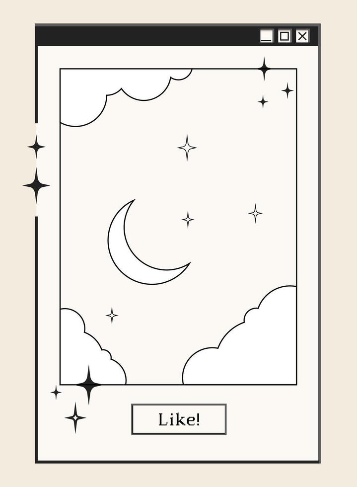 Retro computer window and dialogue screen with picture redactor with moon and stars, interface in 00s aesthetics. illustration and graphic design element. vector
