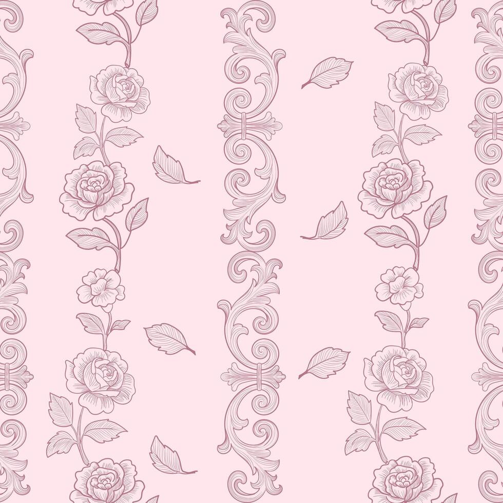 Seamless floral pattern with hand-drawn roses, leaves, and vintage scroll ornaments in soft pink tones. elegant engraving style design perfect for wallpaper, textile prints, wrapping paper, romantic vector