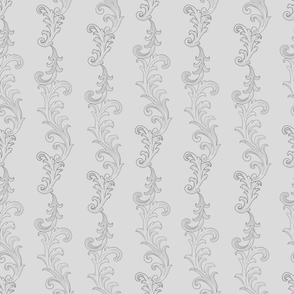 Seamless vintage pattern featuring vertical scroll ornaments in elegant grey tones. Inspired by baroque engraving styles, this hand-drawn design is ideal for wallpaper, textiles, classic decor, and vector