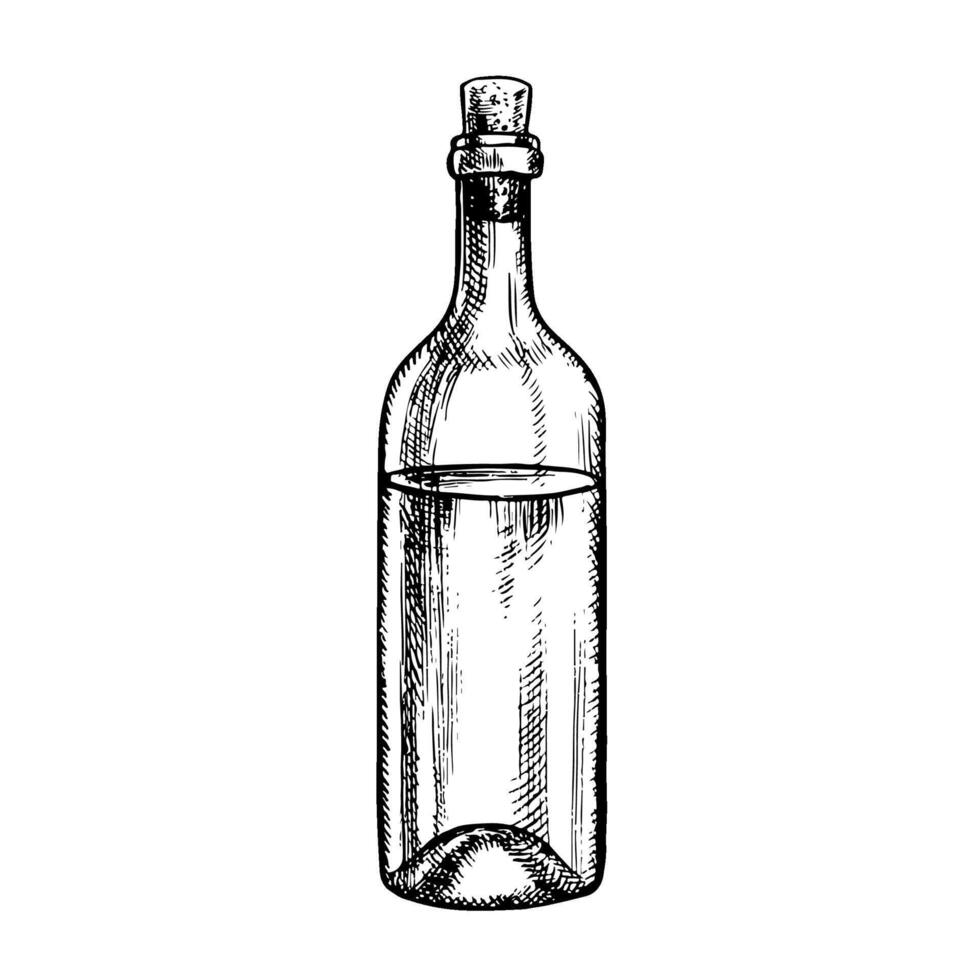 A bottle of white wine. graphics, black and white hand-drawn illustration. Isolate on a white background. For packages and labels. For banners and posters. For restaurant and bar menus. vector