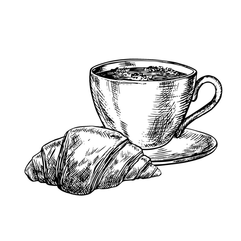A cup of coffee and a croissant French bun. black-and-white hand-drawn illustration. Isolate on a white background. For packaging, logos and labels. For banners, flyers, menus, posters and more vector