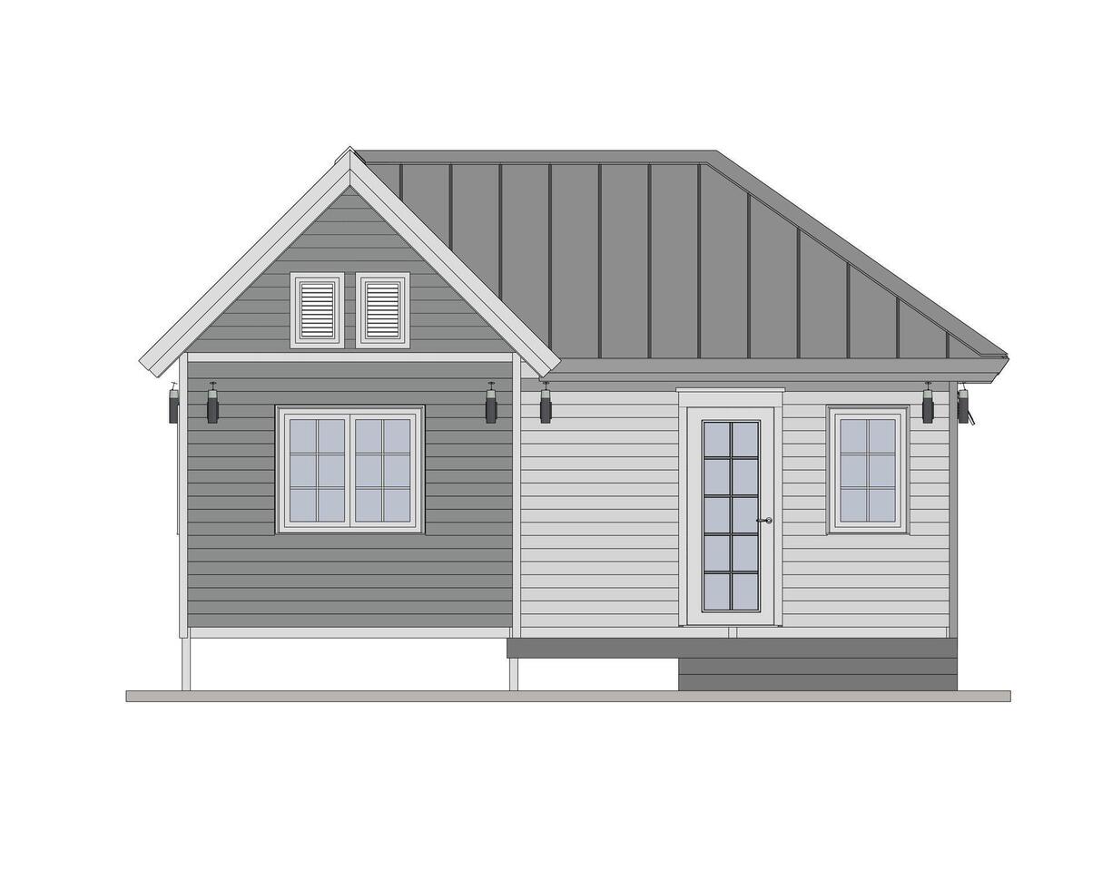 A small house with gray and white siding, a gray metal roof, and a white door, surrounded by a flat, neutral-colored ground vector