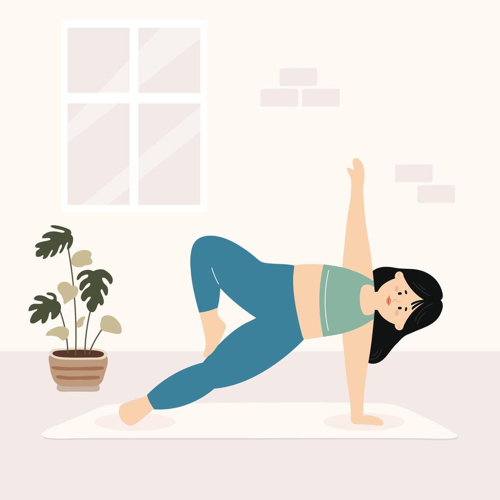 Woman practicing yoga indoors performing a side plank pose vector