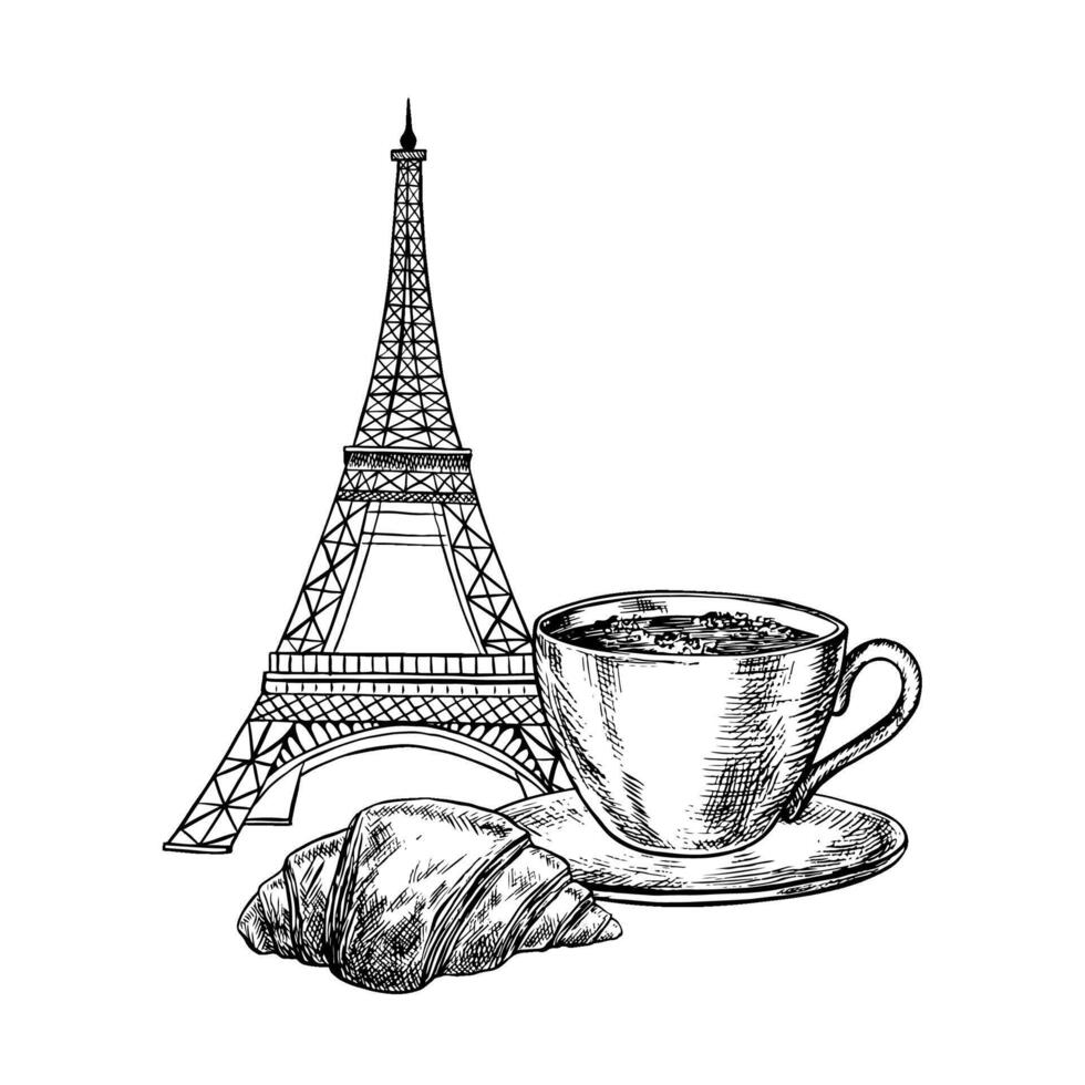 A cup of coffee and a French croissant bun on the background of the Eiffel Tower. black-and-white hand-drawn illustration. On a white background. For packaging, labels, banners, flyers, menus. vector