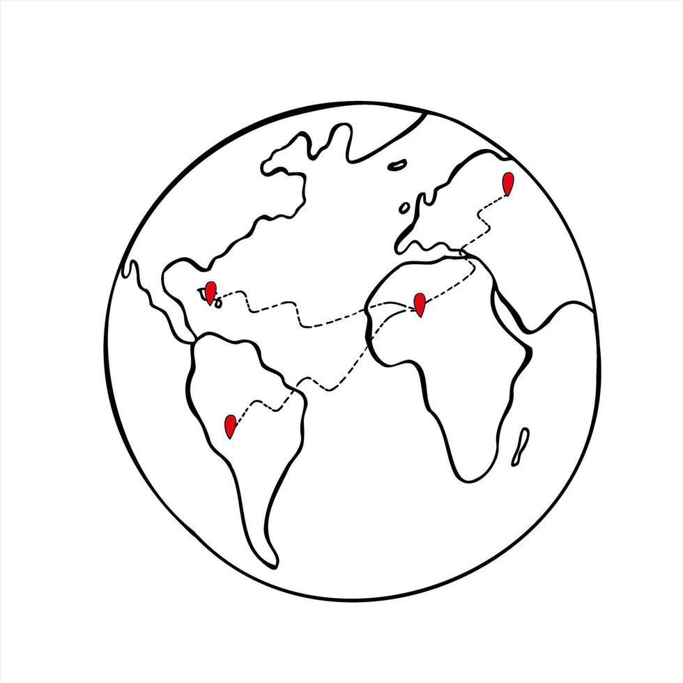 Minimalist globe with abstract continents and random red location markers. Global and data visualization, world internet network graphic sketch. For presentations, infographics, websites vector