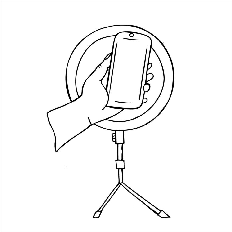 Hand holding smartphone in front of ring light illustration painted by black inks. Home shooting graphic sketch for social media content creation, vlogging, influencer marketing concept vector