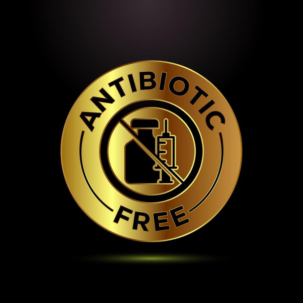 Antibiotic free icon illustration, No antibiotic label badge in gold color style vector