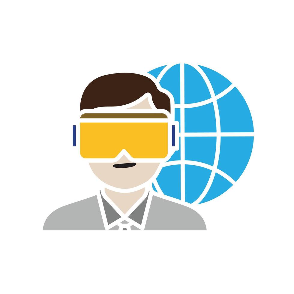 education icon. VR or AR in Education. Student wearing VR with world symbol behind him. smart, learning, clever. Flat design style vector