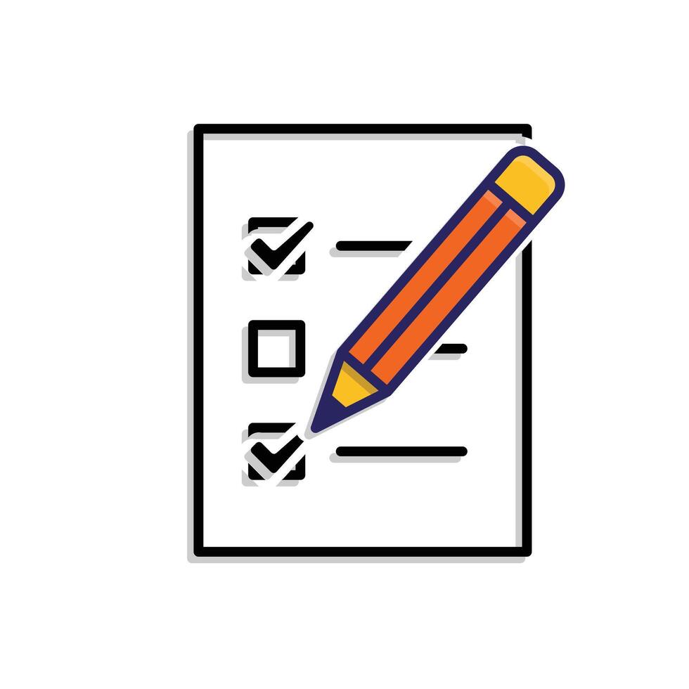 education icon. check mark. book or paper with pencil is checking. smart, learning, clever. Mixed design style vector