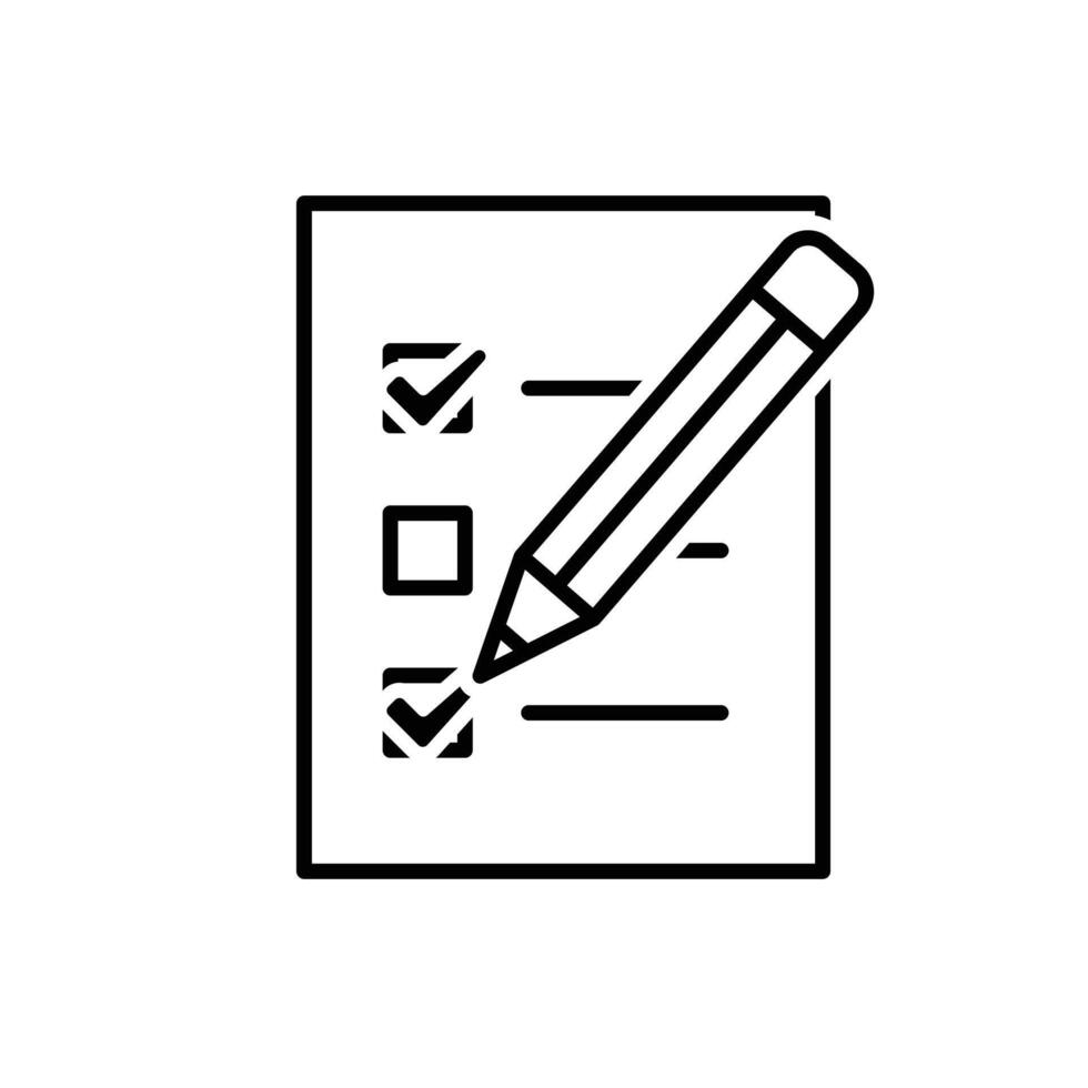 education icon. check mark. book or paper with pencil is checking. smart, learning, clever. Outline design style vector