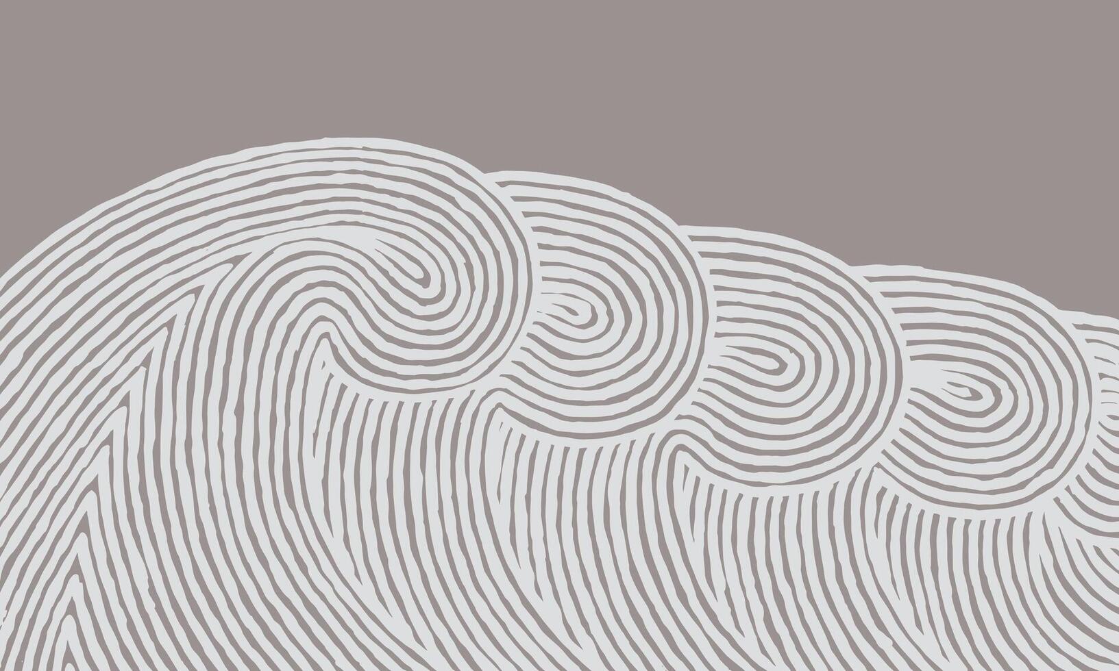 Hand drawn brush swirling and flowing lines waves pattern, Japanese style block print, fingerprint motif texture background on taupe, simple rolling ocean ripples for textile, decoration, carpet vector