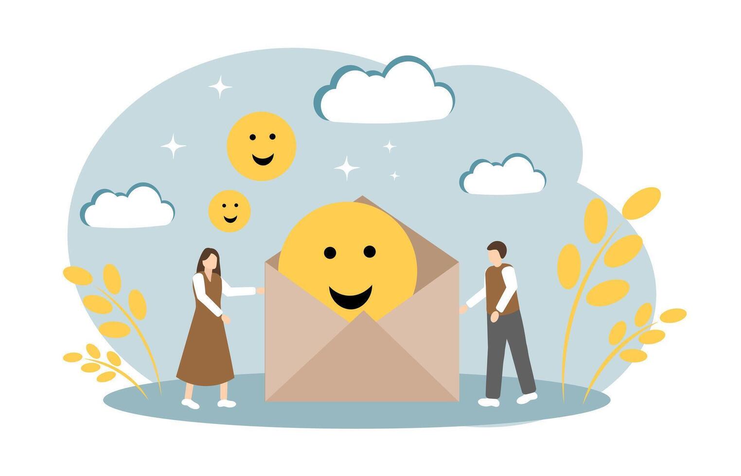 Emoticons in an envelope. The concept of pleasant communication, good mood, positive emotions and mental health vector