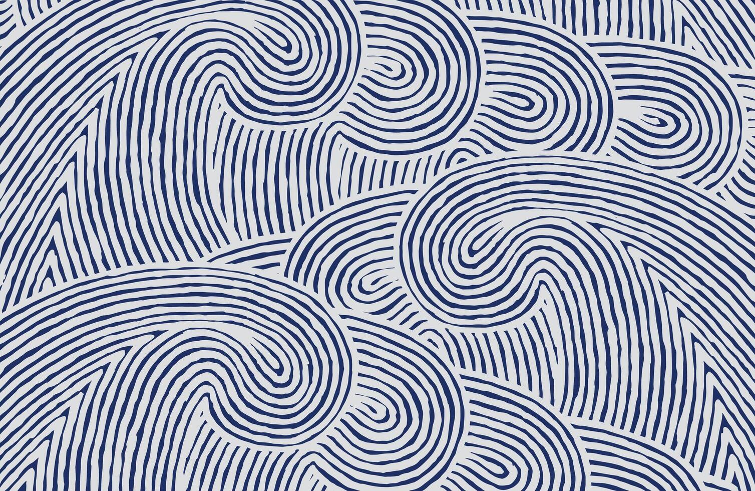 Hand drawn brush swirling and flowing lines overlapping waves pattern, Japanese style block print, fingerprint motif texture background on blue, simple dense and dynamic rolling ocean ripples vector