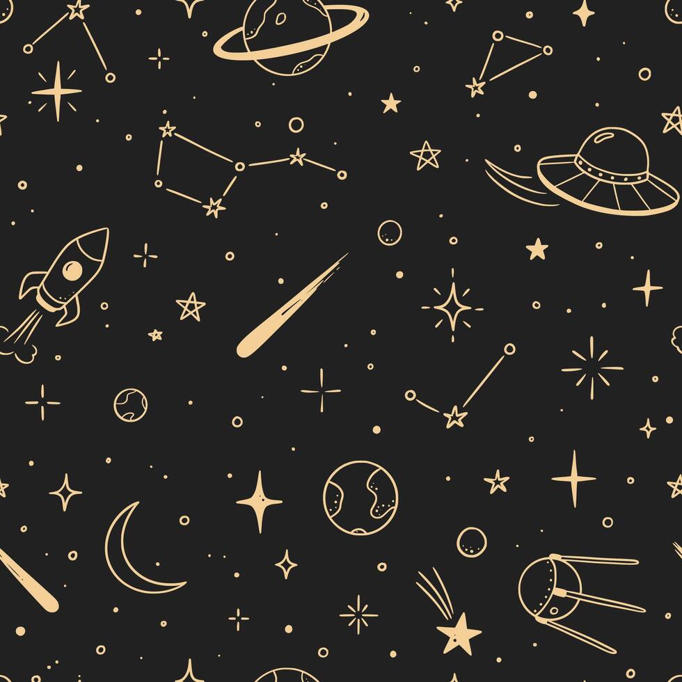 Space star seamless pattern. Hand drawn doodle sketch line style galaxy planet star, rocket, moon cute kid seamless pattern. Space planet kid doodle background vector