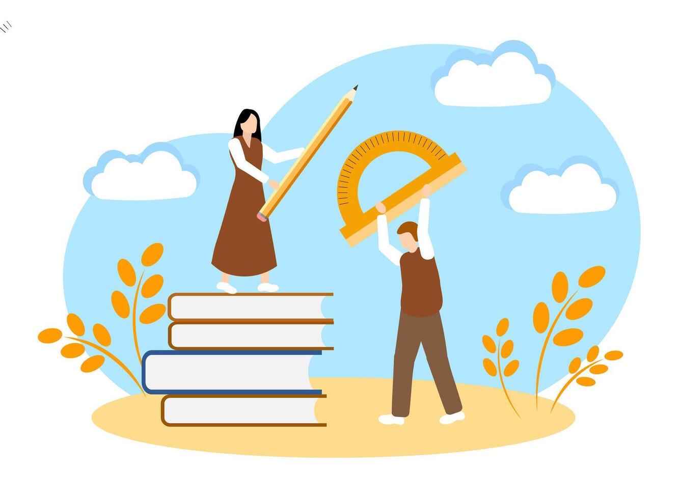 Two students with a protractor and a pencil are standing on books. The concept of learning, the development of new knowledge and student life vector