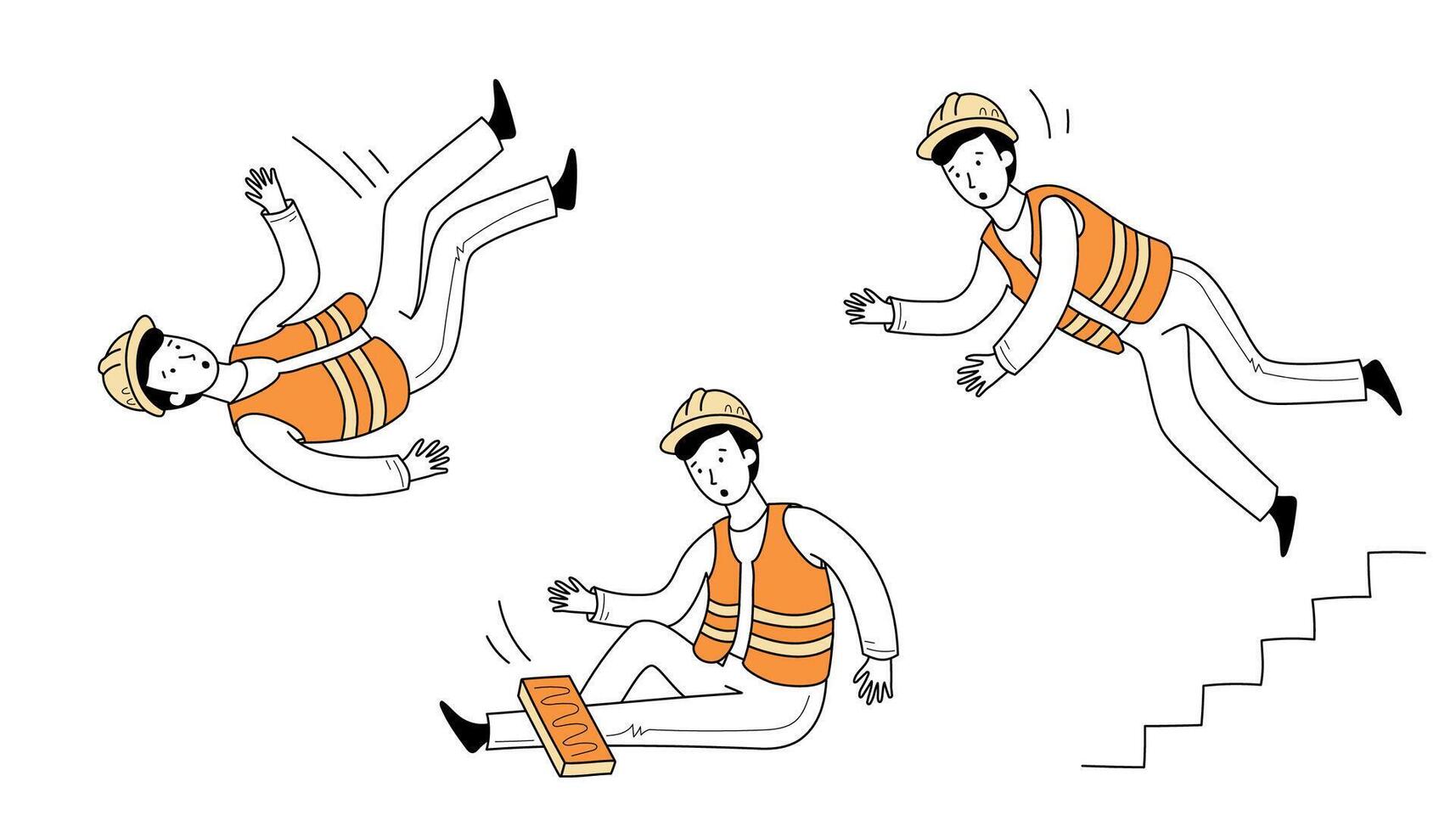Injured worker fall accident set. Line doodle vector