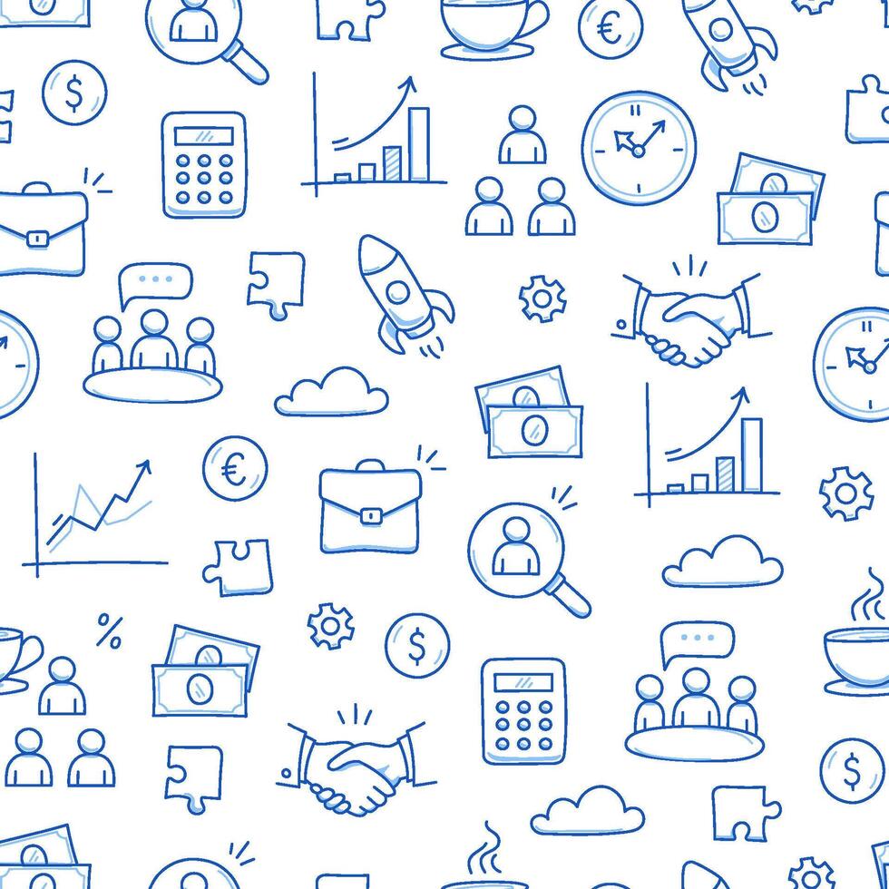 Business job icon doodle seamless pattern background. Business teamwork, office, career concept doodle line sketch style pattern with money, rocket, calculator element vector