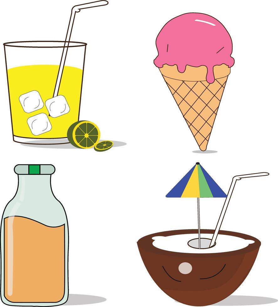 Summer Refreshments, Lemonade, Ice Cream, Juice Bottle, Coconut Drink vector