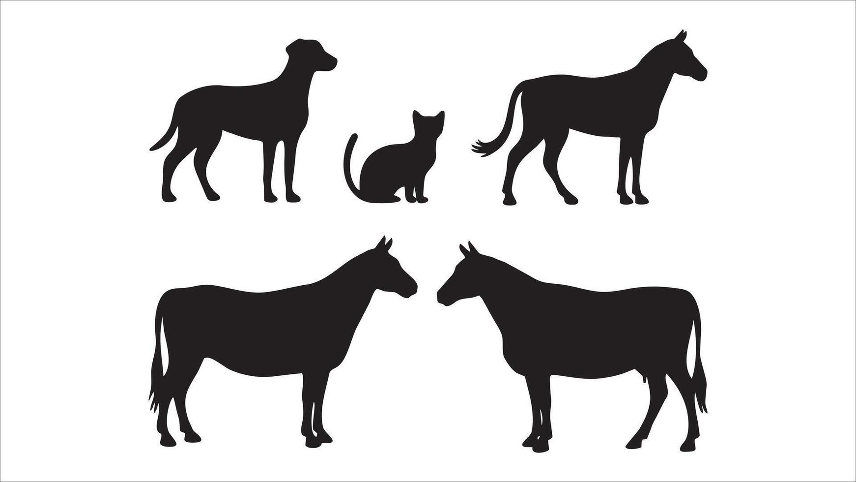 Silhouette Collection Dog, Cat, Horse, and Cow Illustrations vector