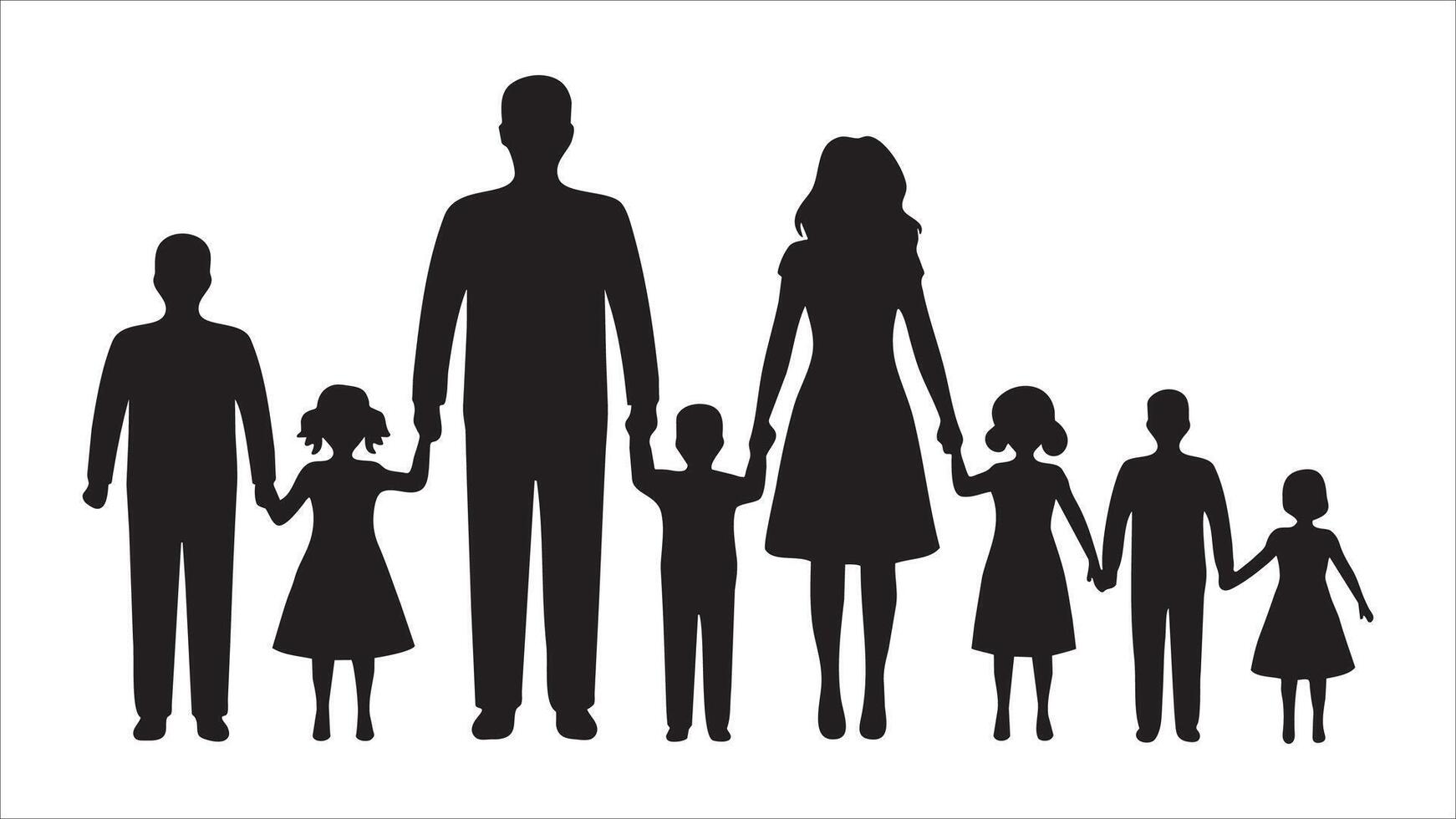Silhouette Family Portrait Mother, Father, and Five Children Holding Hands vector