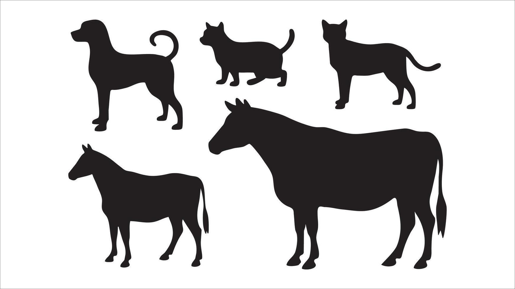 Black Silhouettes Dog, Cat, Horse, Cow Farm Animals vector
