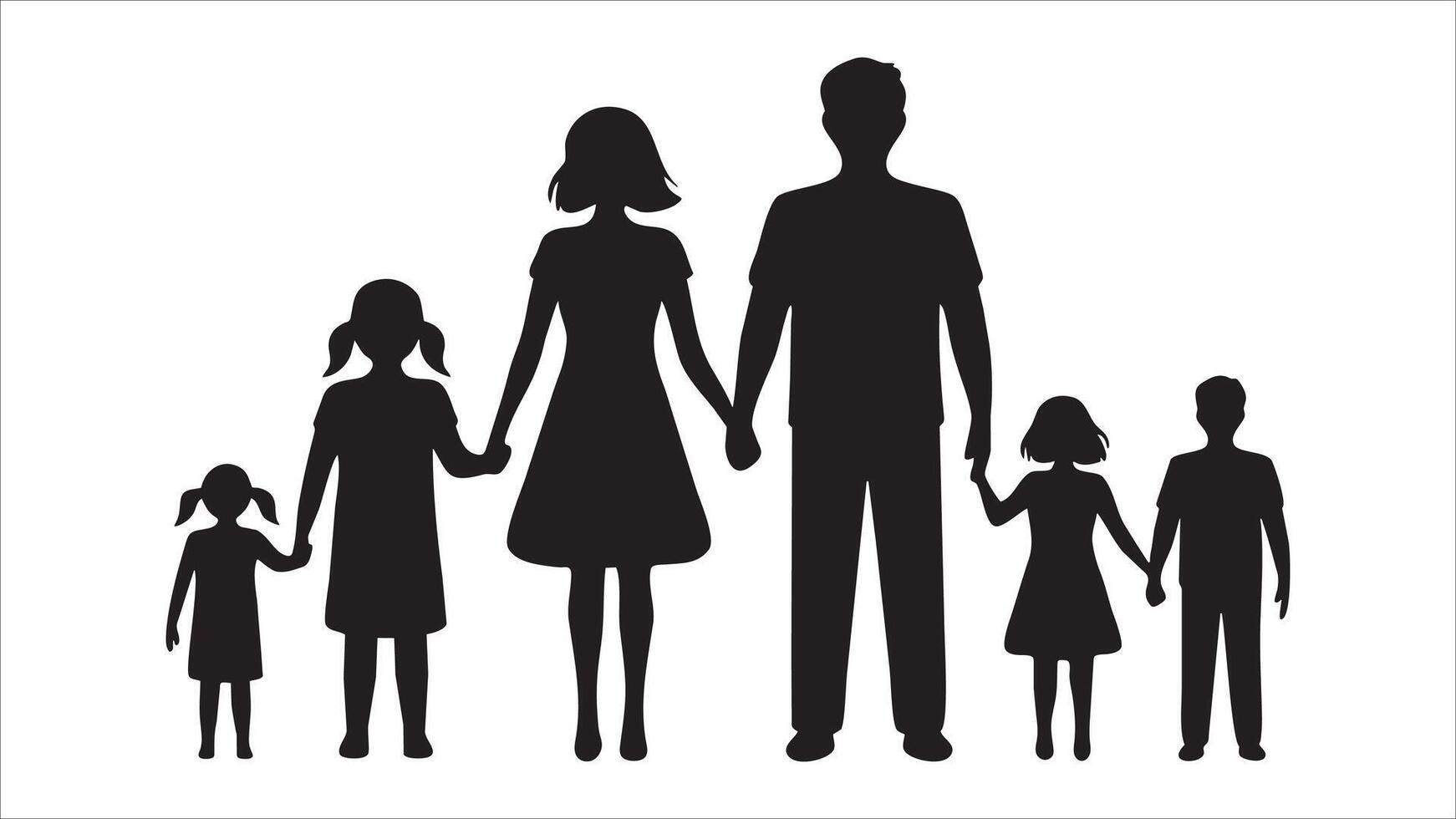 Silhouette Family Portrait Parents, Daughters, Son, Holding Hands vector