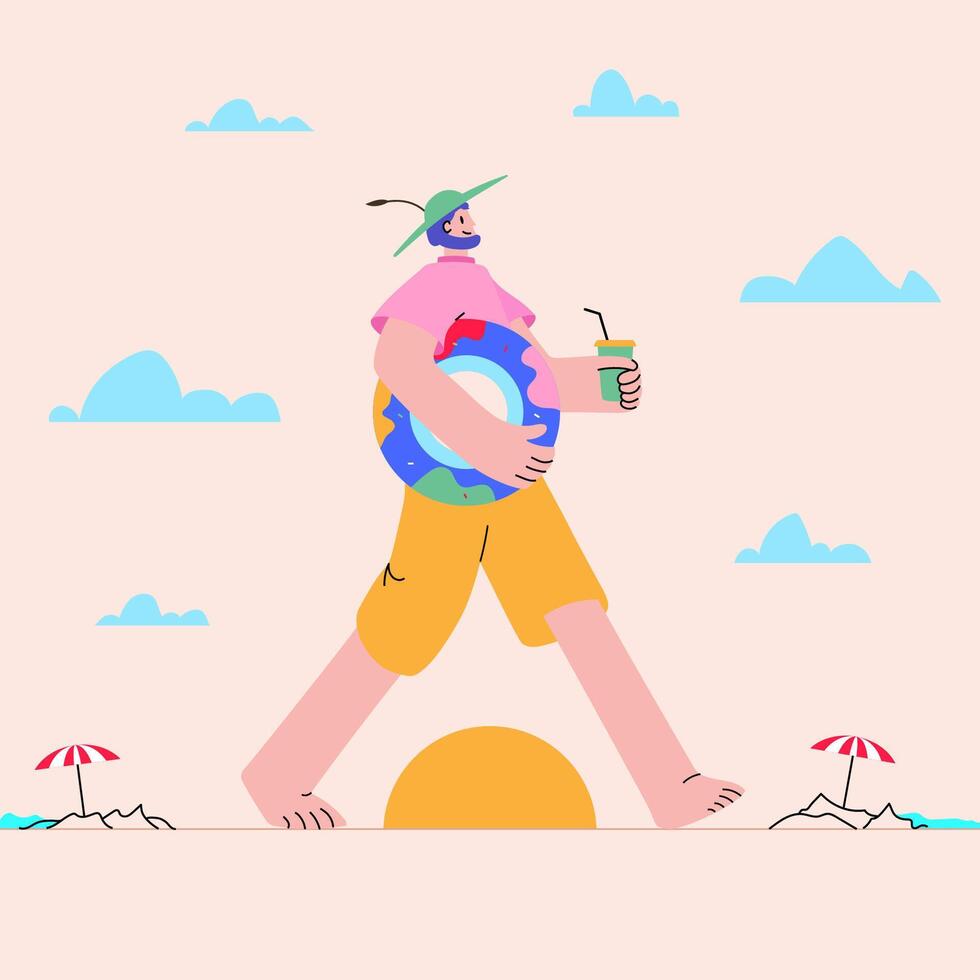 Person with float and drink at beach vector