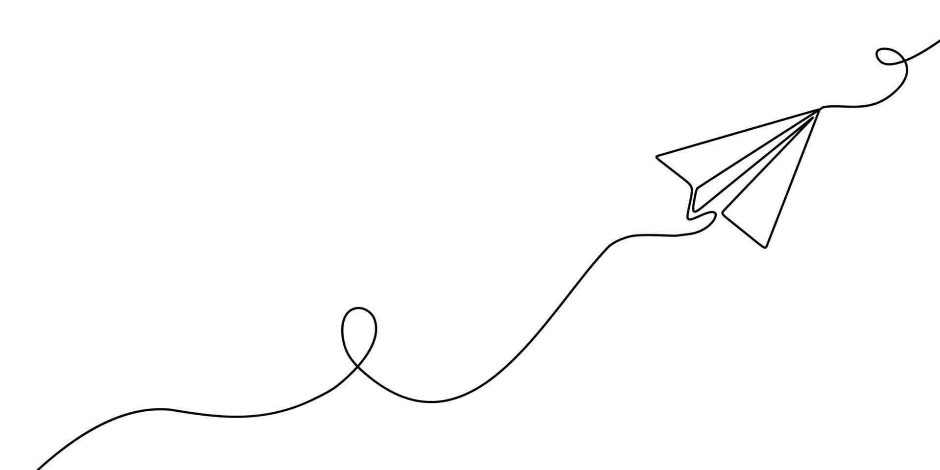 Paper plane continuous one line art travel outline icon sketch illustration doodle trip. Art single line plane flight air airplane background linear aircraft fly airport business international vector