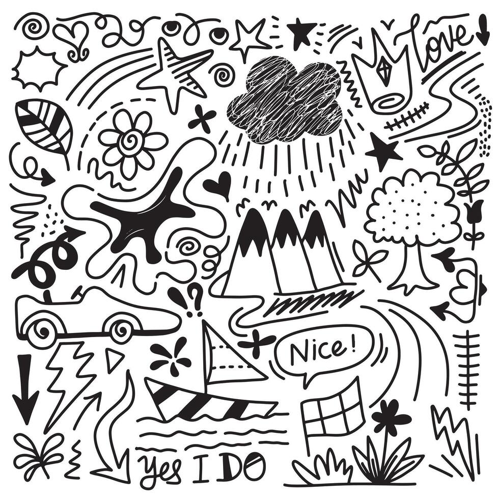 Hand drawn marker simple elements set. Doodle pen signs and effects. Simple hills, star, glitter, cloud, heart, floral objects. Decorative pencil curved symbols and shape. vector