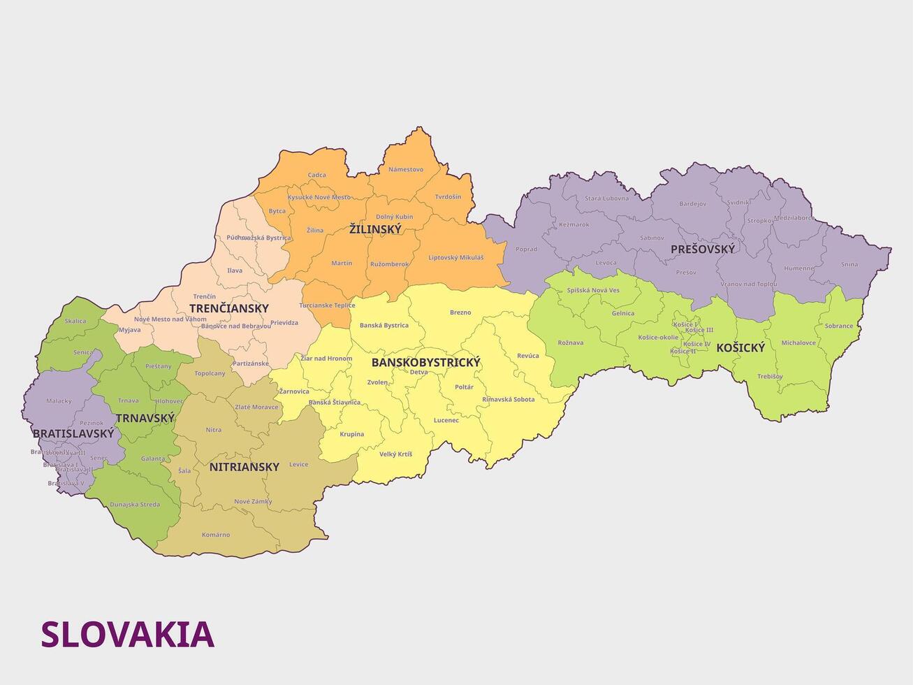 Map of Slovakia Showing Regions vector